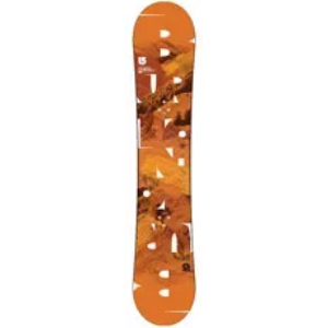 Orange snowboard with abstract design.