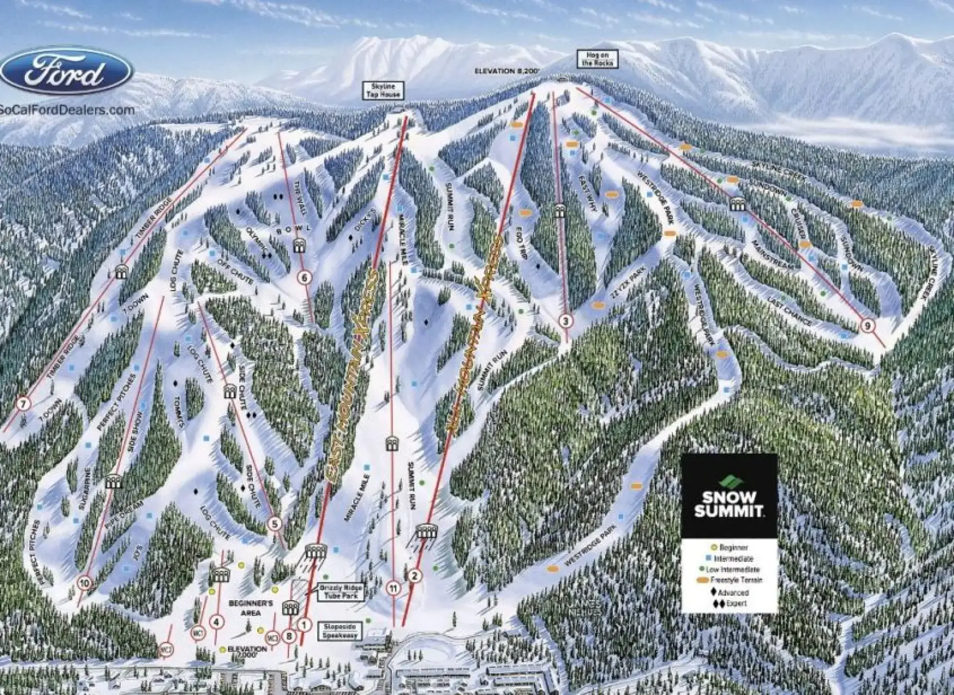 Snow Summit trail map with chairlifts